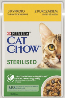 CAT CHOW Sterilized. Для стерилізованих котів. З куркою та баклажанами в желе. Консервований, пауч для котів 85г